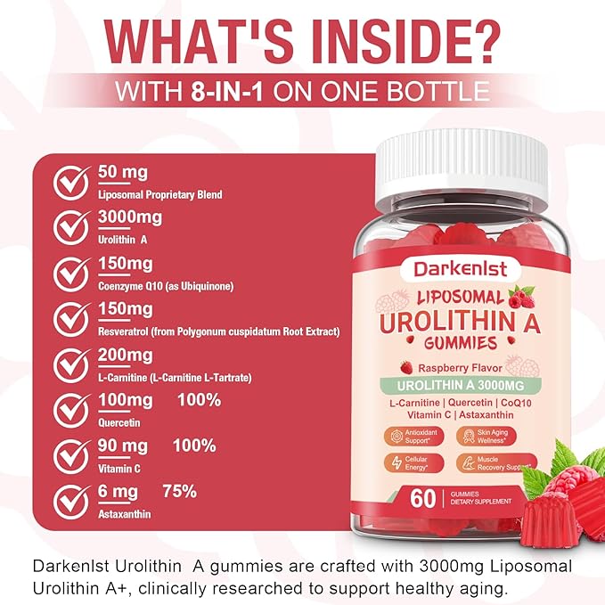 Liposomal 3000mg Urolithin A Gummies Complex CoQ10, Resveratrol, L-Carnitine, Quercetin, Astaxanthin | 7-in-1 Mitochondrial Support Supplement for Cellular Support, Vitality & Wellness Aging