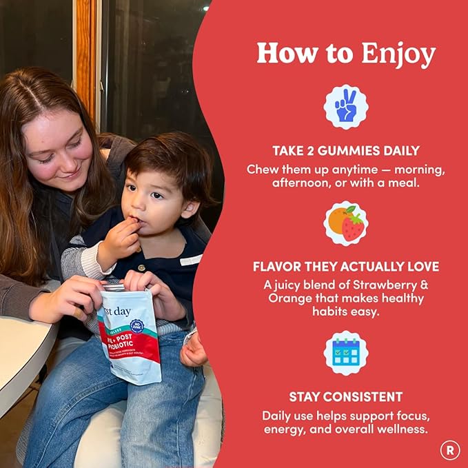 FIRST DAY Toddler Tribiotic Gummies (Ages 2-3) | Kids Probiotic Gummies | 3 in 1 Pre + Pro + Postbiotics for Kids Digestive & Immune Health - Kiwi, 60 Counts (30 Days Supply)