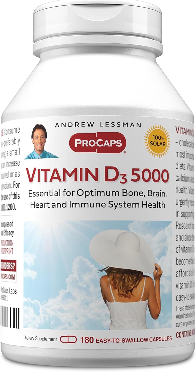 ANDREW LESSMAN Vitamin D3 5000 IU 180 Capsules - High Potency, Essential for Calcium Absorption, Supports Bone Health, Healthy Muscle Function, Immune System, More. Small Easy to Swallow Capsules