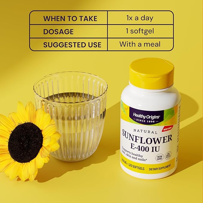 Healthy Origins Sunflower Vitamin E-400 IU (Non-GMO, Gluten Free, Soy Free, Hair Support, Nail Support, Skin Support, Cardiovascular Support), 120 Softgels