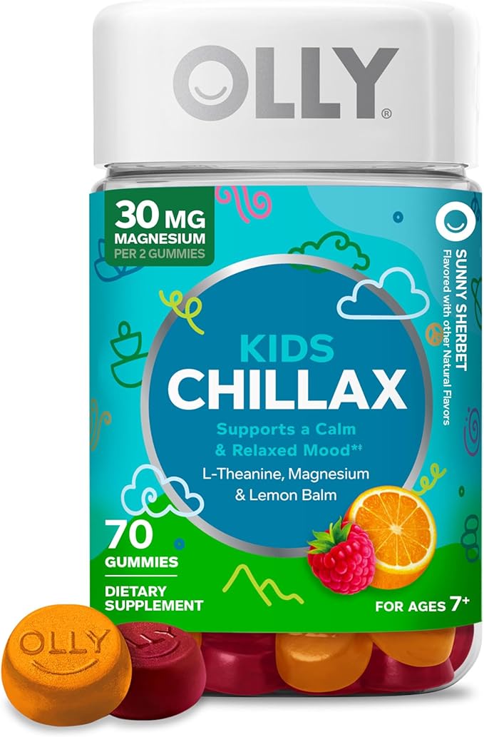OLLY Kids Chillax Gummy, for a Calm and Relaxed Mood*, Magnesium, L-Theanine, Lemon Balm Extract, Chewable Supplement, Sherbet Flavored, 35 Day Supply - 70 Count (Packaging May Vary)