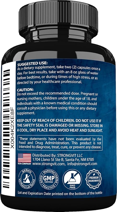 StrongVit Cortisol Supplements for Women and Men with Magnesium, Ashwagandha & L-Theanine. High Cortisol Reducer, Manager, Detox, Lower and Control. Sleep Support & Stress Relief, USA