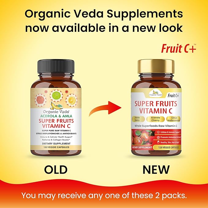 Organic Veda Fruit C+ Vitamin C Complex - 1250mg Organic Whole Food Vitamin C Supplement with Citrus Bioflavonoids, Acerola & Amla - Daily Antioxidants, Immunity, Collagen Boost - 120 Vegan Capsules