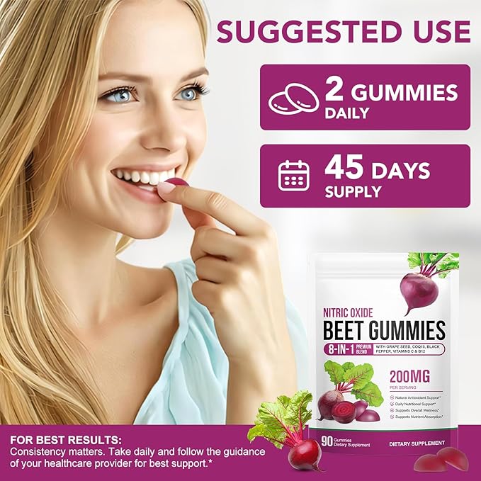 Beet Root Gummies 200mg - 8-in-1 Heart & Circulation Support Supplement - High Potency Beet Chews with Beetroot, Grape Seed, CoQ10, Vitamin C & B12 - Mixed Berry Flavor, Vegan, 90 Count