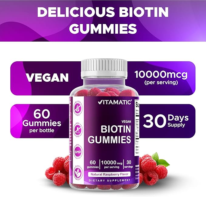 Vitamatic Biotin Gummies 10,000 mcg for Stronger Hair, Skin & Nails - 60 Vegan Gummies - Also Called Vitamin B7 (3 Bottles)