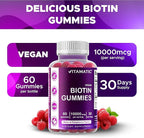 Vitamatic Biotin Gummies 10,000 mcg for Stronger Hair, Skin & Nails - 60 Vegan Gummies - Also Called Vitamin B7 (6 Bottles)