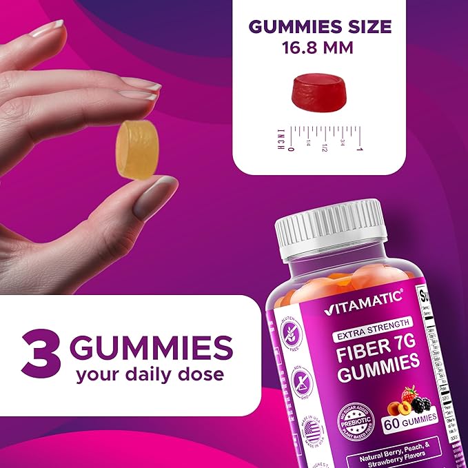 Vitamatic Prebiotic Fiber Gummies for Adults – 7g Fiber per Serving – 60 Pectin-Based Gummies Extra Strength, Zero Sugar Added – Supports Digestive Health & Regularity – Non-GMO, Vegan, Gluten-Free