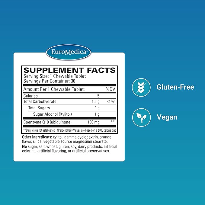 EuroMedica CoQ10 100 mg - Cellular Energy Support Supplement - Higher Absorption CoQ10 Chewable Supplement - Nutritional Supplement to Aid Healthy Aging & Brain Health - 30 Chewable Tablets