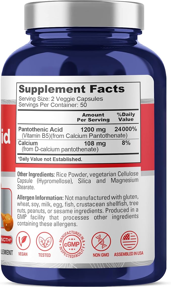 NusaPure Vitamin B5 Pantothenic Acid 1,200mg Per Serving 100 Caps Vegetarians Vegans, Non-GMO Dietary Supplement