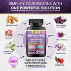 Resveratrol Supplement with Milk Thistle, NAD, Berberine, Quercetin, Fisetin, Pomegranate, Green Tea, Noni, Acai, Blueberry, Grape Seed Extracts, N-Acetyl Cysteine, 14-in-1 Extra Strength (180 Caps)