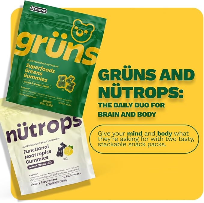 Grüns Nutrops Lions Mane Mushroom Gummies for Adults, Functional Nootropics, Herbal Brain Supplement for Energy, Brain Health, Cognitive, Memory & Focus, Reishi, Chaga, Cordyceps, Coriolus, 28 Count