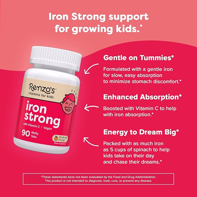 Renzo's Iron Supplements for Kids, Dissolvable Vegan Kids Iron Supplement with Vitamin C, Sugar-Free Melty Tabs, Orange Flavor, 90-Count