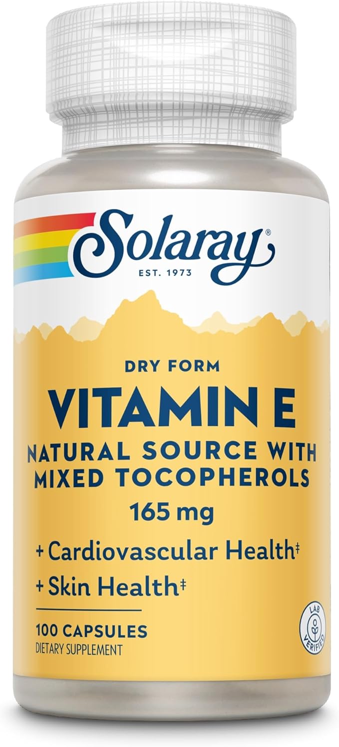 SOLARAY Vitamin E, Dry 200 IU w/Mixed Tocopherols | Healthy Cardiac Function & Skin Health Support | 100ct