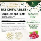 Vitamin B12 - 1000 mcg Per Serving Maximum Strength Methylcobalamin B-12 Chewable Tablet - Energy, Nervous System & Brain Support - Fast Dissolve, Gluten-Free, Non-GMO for Women & Men - 60 Tablets