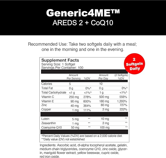 AREDS 2 SoftGels, 100 mg CoQ10 for Heart Health, 500 mg Vitamin C, 400 IU Vitamin E, 10 mg Lutein, 2 mg Zeaxanthin, 80 mg Zinc, 2 mg Copper - Supports Eye Health - 100 Mini SoftGels