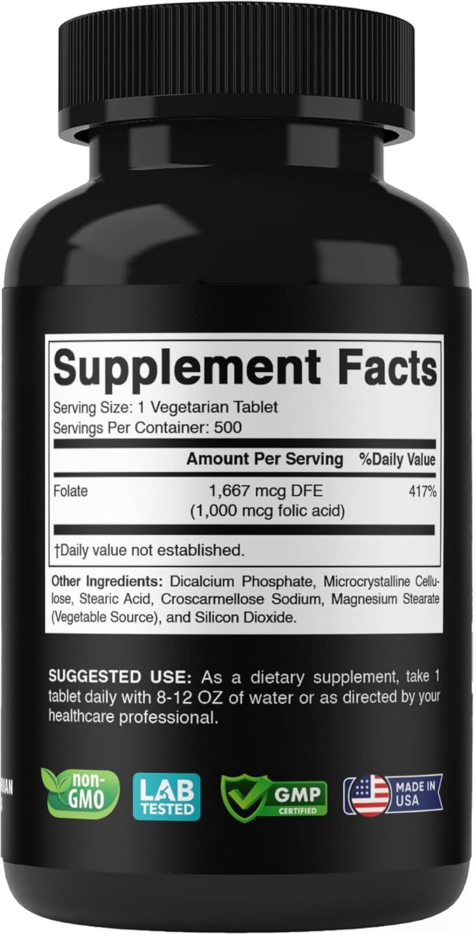 Folic Acid 1 mg (1000 mcg) (Vitamin B9) - 500 Vegetarian Tablets - an Essential Prenatal and Postnatal Vitamin