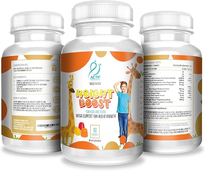 Actif Height Boost Mega Support for Height Growth with 10+ Factors, Height Supplement for Kids and Teens, 60 Gummies, Strawberry Flavor, Get Tall Fast Formula
