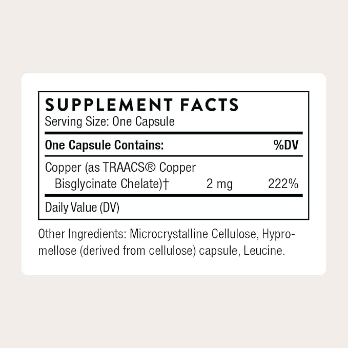 THORNE - Copper Bisglycinate - Optimally Absorbed, Mineral Chelate Copper Supplement - Supports Bone, Blood Vessel, Heart, Nerve & Skin Health* - Third-Party Certified - Gluten-Free - 60 Capsules