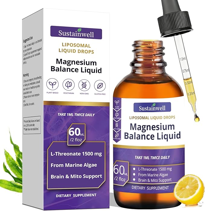 Magnesium L-Threonate Liquid Drops 1500mg High Absorption Brain Supplement for Memory Focus Sleep Sugar Free Vegan 2.04 Fl Oz,GMP Certification Applies to Both Kids and Adults.