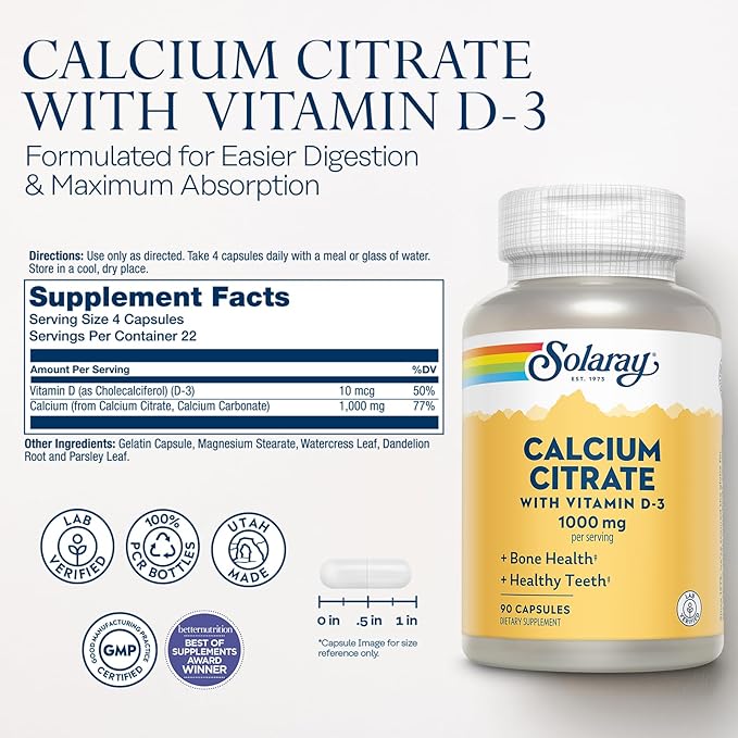 Solaray Calcium Citrate with Vitamin D3 1000mg - Bone Strength and Healthy Teeth Support - Gentle Digestion Formula - Lab Verified, 60-Day Guarantee - 15 Servings, 90 Capsules