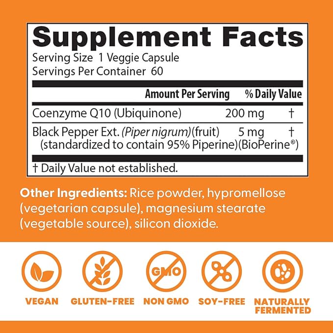 Doctor's Best High Absorption CoQ10 200mg with BioPerine Supplement - Coenzyme Q10 Caps for Heart Health & Antioxidant Support, CoQ10 200 mg for Women & Men, Non GMO - 60 Veg Capsules