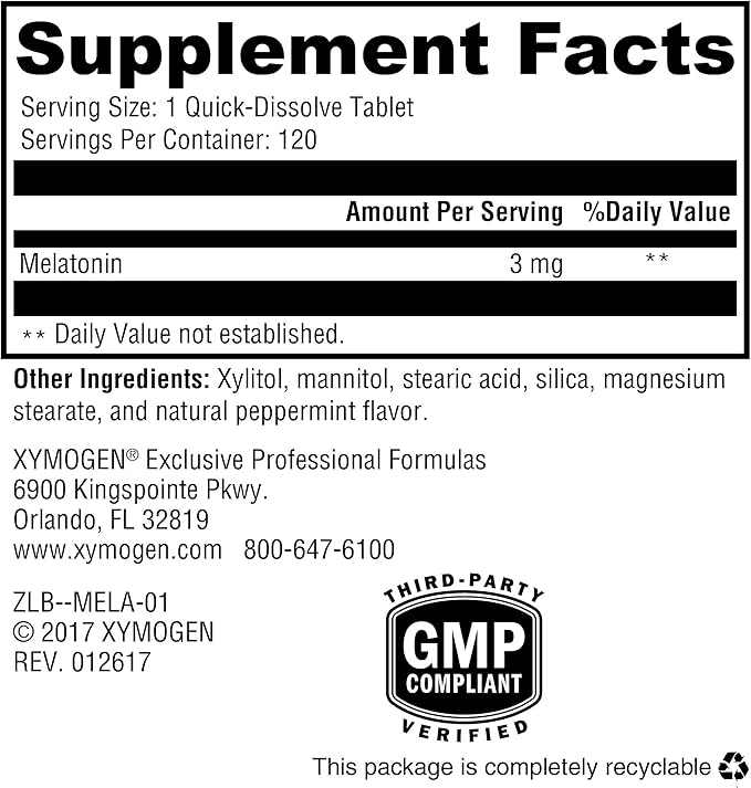 XYMOGEN Melatonin - 3 mg Melatonin Supplement - Sleep Pattern & Circadian Rhythm Support - Quick-Dissolve Tablet - Vegan & Gluten-Free - Peppermint Flavor - 120 Tablets