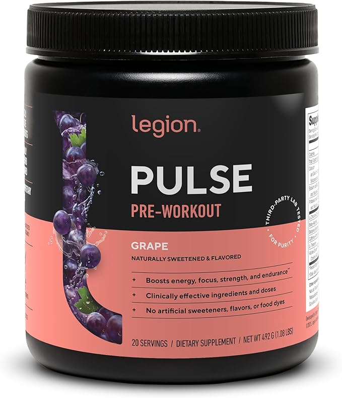 LEGION Pulse Pre Workout - All Natural Nitric Oxide Preworkout Drink to Boost Energy, Creatine Free, Naturally Sweetened, Beta Alanine, Citrulline, Alpha GPC (Grape)