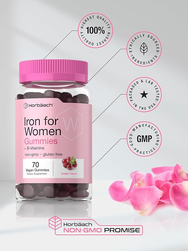 Horbäach Iron Gummies for Women | 70 Count | Grape Flavor | Supplement with B Vitamins Folate and Zinc | Vegan, Non-GMO & Gluten Free