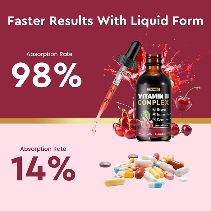 CFILIHTC Vitamin B Complex Liquid Drops, B Vitamins Complex Supplement with B1, B2, B3, B5 B6, B7, B9 & Methyl B12 Drops for Adults & Kids, Vegan, Cherry Flavor