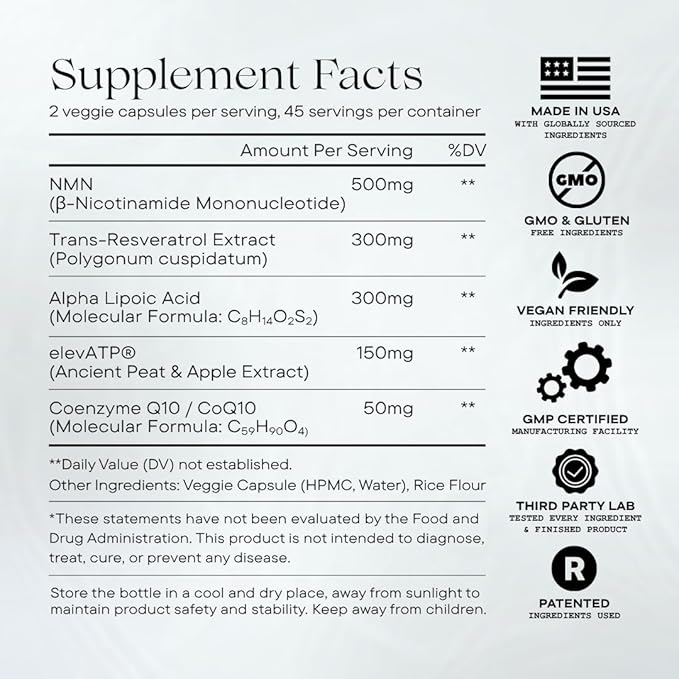 NMN Mitochondria Supplement - NMN 500mg, NAD+ & ATP Support for Cellular Vitality and Longevity - Clinically Tested elevATP, Resveratrol, CoQ10, Alpha Lipoic Acid - 90 Veggie Capsules