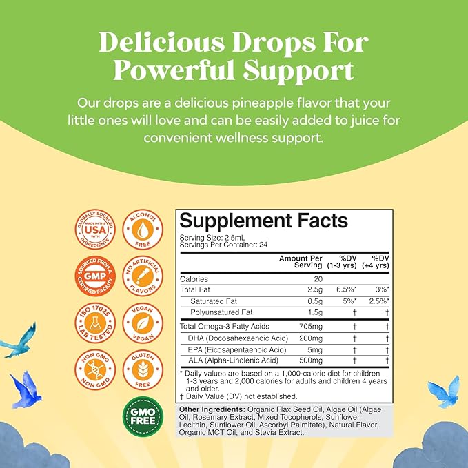 Kids DHA Omega 3 Drops - Fatty Acids Omega 3 6 9 for Brain, Immune Strength & Vision - Nutritional DHA for Kids for Healthy Nervous System & Focus Support - Liquid Supplement with EPA & ALA - 2 Fl Oz