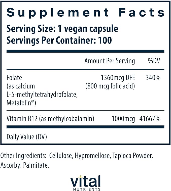 Vital Nutrients Vitamin B12 & Methyl Folate - Vegan Methylated Folate & B12 Supplement - 5-MTHF Plus B12 Supports Nervous System & Metabolism* - Gluten, Dairy, Soy Free - 100 Capsules