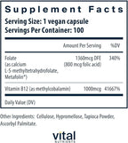 Vital Nutrients Vitamin B12 & Methyl Folate - Vegan Methylated Folate & B12 Supplement - 5-MTHF Plus B12 Supports Nervous System & Metabolism* - Gluten, Dairy, Soy Free - 100 Capsules