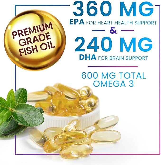 Omega 3 Fish Oil Supplements - 2400mg Fish Oil Per Serving - Triple Strength Omega-3 with Fatty Acids EPA & DHA - Natural Heart, Brain & Immune Support - Wild Caught, Bottled in USA - 120 Softgels
