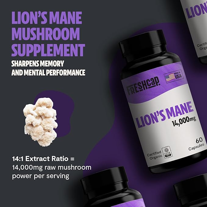FreshCap Lions Mane Supplement Capsules 14,000mg - Lion's Mane Mushroom 14:1 Extract for Brain Support, Premium Ayurveda Organic LionsMane Mushroom for Memory, Focus & Clarity (180 Capsules)