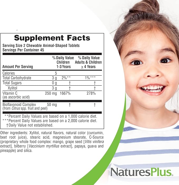 NaturesPlus Animal Parade Sugar-Free Children's Vitamin C, Natural Orange Juice Flavor - 90 Chewable Animal Shaped Tablets - Immune Support - Gluten Free - 45 Servings