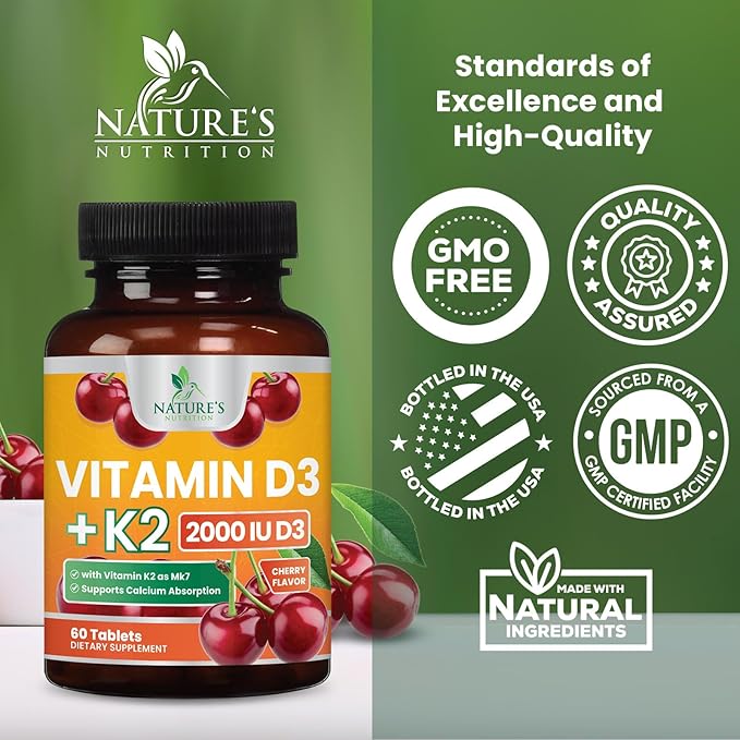 Vitamin D 2000 IU 50mcg Per Tablet - Vitamins D3 & K2 (MK7) Complex Supplement for Bone, Teeth, Muscle, Calcium Absorption, Supports Immune & Heart Health, Chewable Formula USA Bottled - 60 Tablets