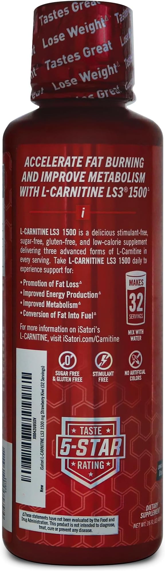 iSatori L-Carnitine LS3 1500, Liquid L-Carnitine with Acetyl L-Carnitine, L-Carnitine L-Tartrate, Stimulant Free Pre Workout, Low Calorie, Sugar, Gluten, Keto-Friendly, Strawberry Kiwi (32 Servings)