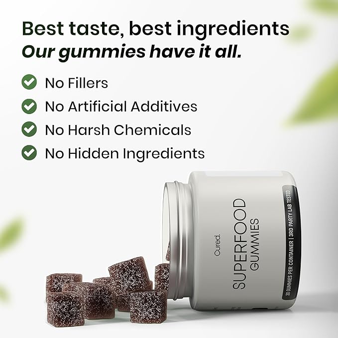 Cured 20-in-1 Superfood Multivitamin for Men & Women with Super Greens & Veggies | Vitamins/Gummy Supplement to Support Energy & Gut Health for Women & Men | 100% Vegan & All-Natural | 30 Day Supply