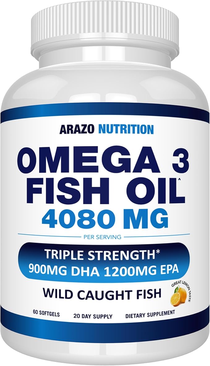 Arazo Nutrition Wild Caught Omega-3 Fish Oil Concentrate – 4,080mg per Serving – High EPA 1200mg & DHA 900mg – 60 Burpless Lemon Softgels