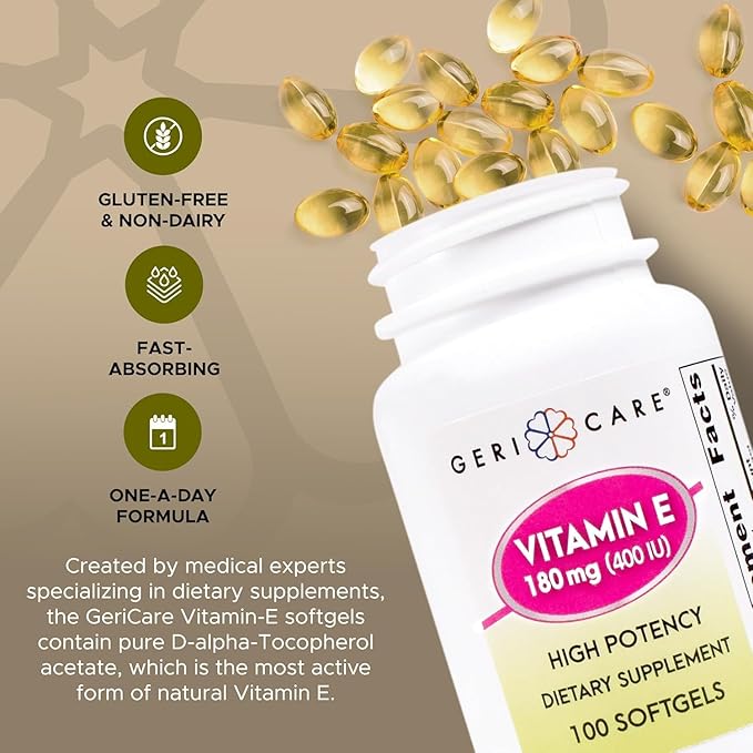 GeriCare High-Potency Vitamin E Softgels – 400 IU for Skin & Immune Support, 180mg | 100 Count | Organic Capsules Vitamin E for Women and Men (Pack of 2)