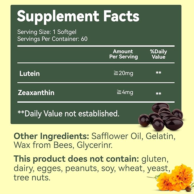 Lutein for Eyes, Lutein 20mg, Lutein and Zeaxanthin Supplements, Eye Supplements, Eyestrain Relief & Support Vision Health, Vegan, 60 Softgels (Pack of 2)