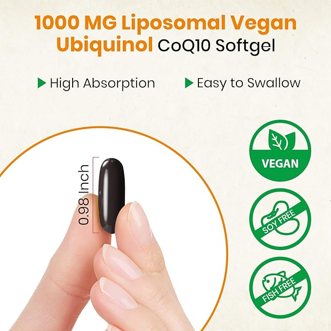 1000mg Liposomal CoQ10 Ubiquinol, 60 Vegan Softgels, High Absorption Ubiquinol CoQ10 Supplement, Active Antioxidant Form of Coenzyme Q10 for Heart Function & Energy Production