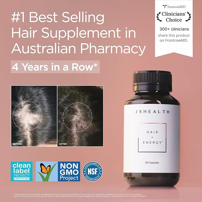 JSHealth Hair Growth Vitamins for Women. Hair + Energy with Kelp Iodine and Zinc. Supports Thickness, Strength, Energy. Nutritionist-Formulated (60 Capsules)