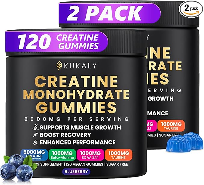 KUKALY Creatine Monohydrate Gummies for Men & Women, 9000MG Creatine Gummies Sugar Free with L-Taurine, BCAA 2:1, B12 B6 for Boost Strength, Focus & Endurance, Vegan, Non-GMO, Blueberry 120*2 Bottle