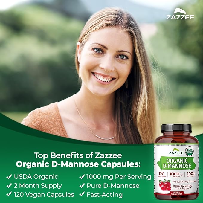 Zazzee USDA Organic D-Mannose, 1000 mg Per Serving, 120 Vegan Capsules, 2 Month Supply, Non-GMO, Urinary Tract & Bladder Support, Potent & Fast-Acting, Lab Tested for Quality & Purity, Made in USA