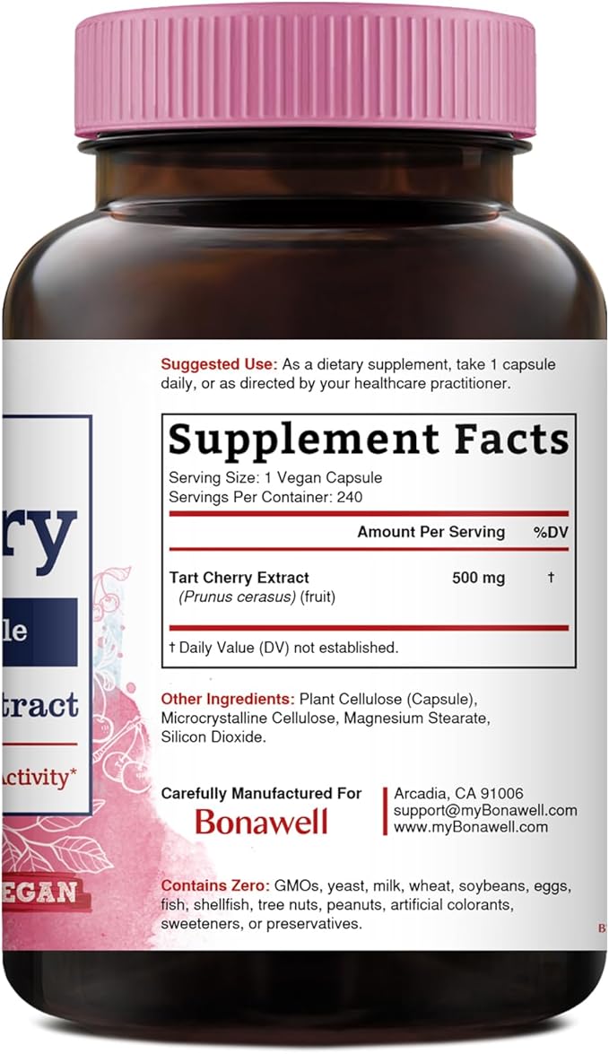 Bonawell Tart Cherry Capsule, 500mg Extract Per Capsule, Made from Montmorency Tart Cherries, Powerful Uric Acid Cleanse, Antioxidant Support, 8 Month Supply, 240 Capsules