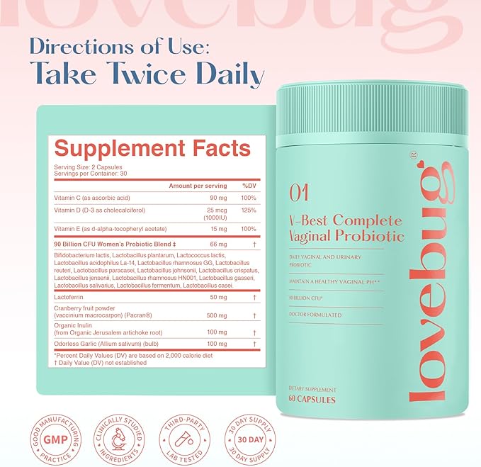 Lovebug V-Best Vaginal Probiotics - 90 Billion CFU Womens Probiotic for PH Balance, Urinary Tract Health, BV & Odor, Probiotics for Women with Lactobacillus Acidophilus, Rhamnosus GG, Reuteri - 60 Ct