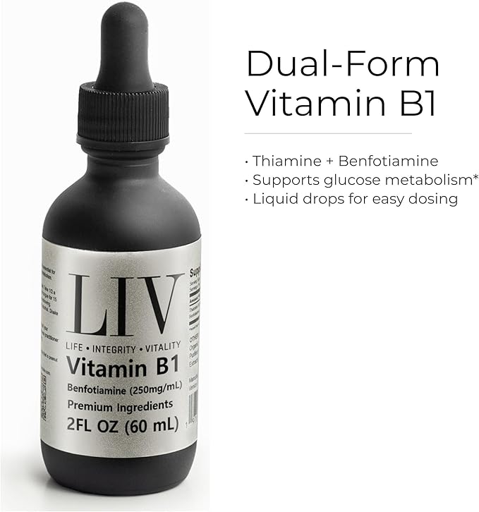 LIV Vitamin B1 Liquid – Thiamine & Benfotiamine Supplement for Glucose Metabolism & Nerve Support – Fast-Absorbing Liquid Drops – 60 mL