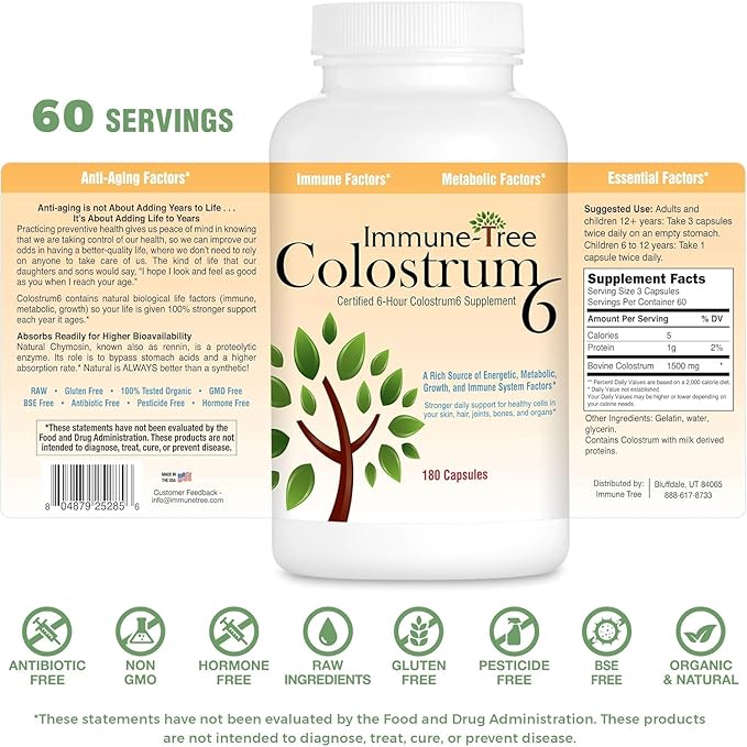 100% Pure Bovine Colostrum (Grass-Fed) | High IgG for Immune Support & Gut Health | Anti-Aging | Colostrum | 180 Capsules